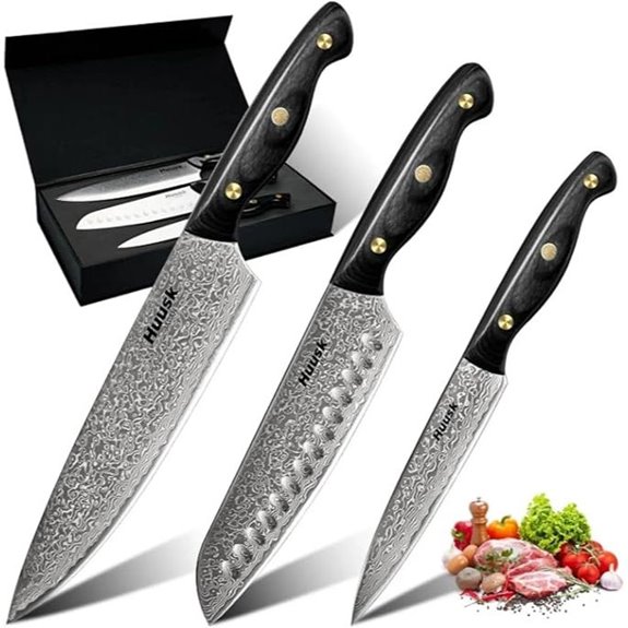 Huusk Damascus Chef Knife Set 3 Pcs VG10 Santoku