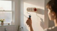 A $60 DIY Stencil Wall Made A Plain Bathroom Look Like It Has Wallpaper